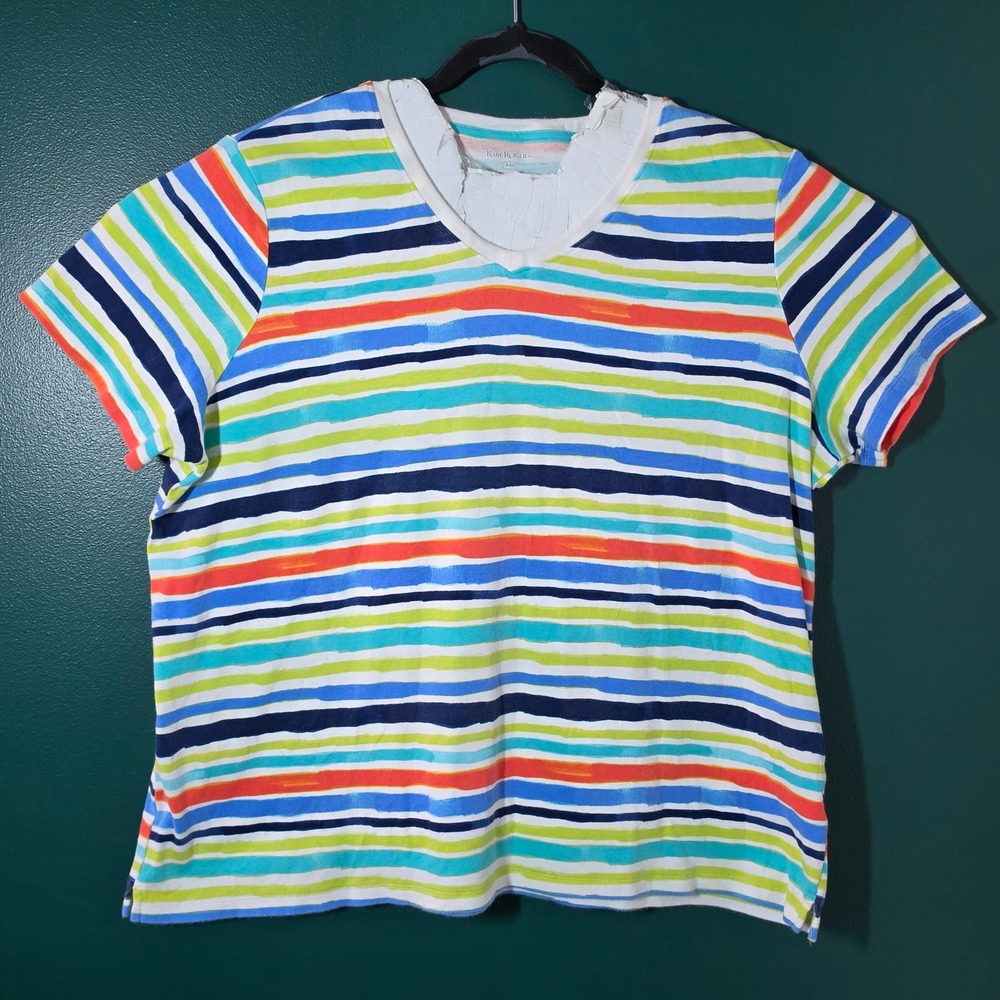 Kim Rogers Women XXL V-Neck Short Sleeve Striped T-Shirt Blue Green Orange White